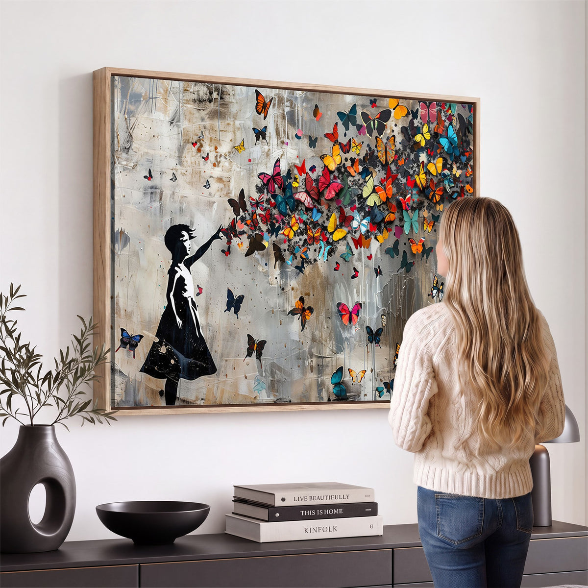 51446D-MGV-CV-24X16 - Banksy Butterfly Girl Wall Art | Modern Graffiti Canvas Print, Street Art Decor