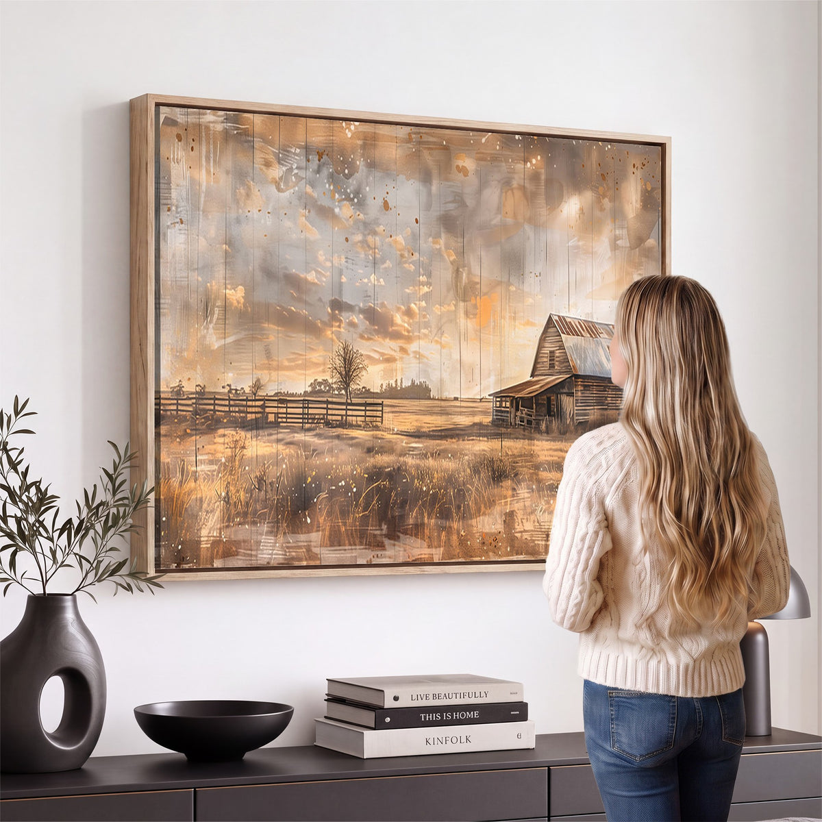 FARM2-MGV-CV-24X16 - Rustic Farmhouse Wall Art Canvas Print | Barn and Field Vintage Country Landscape
