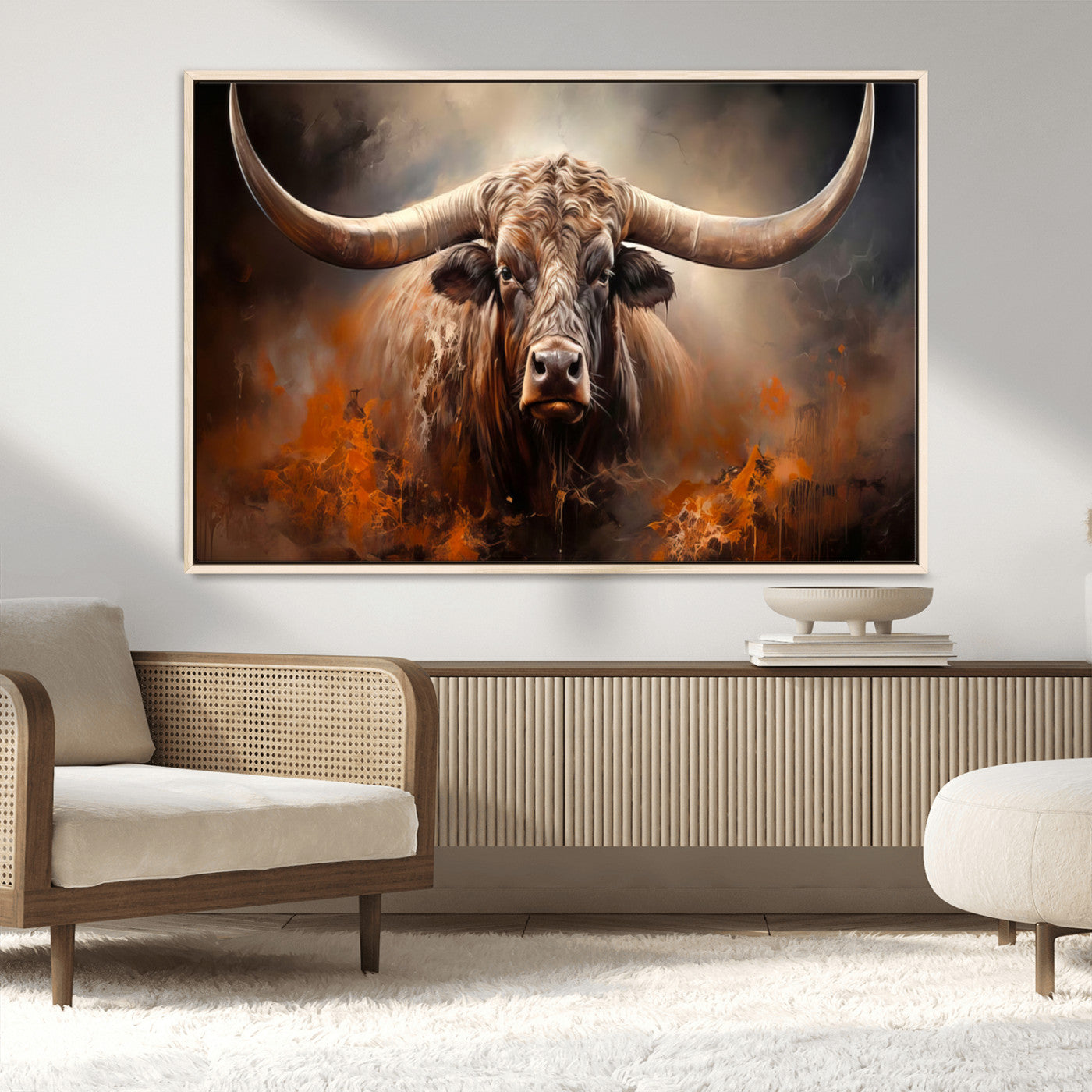 MGV-FC-36X24 - Highland Bull Canvas Abstract Canvas Wall Art Print – Powerful Highland Bull with Striking Horns in