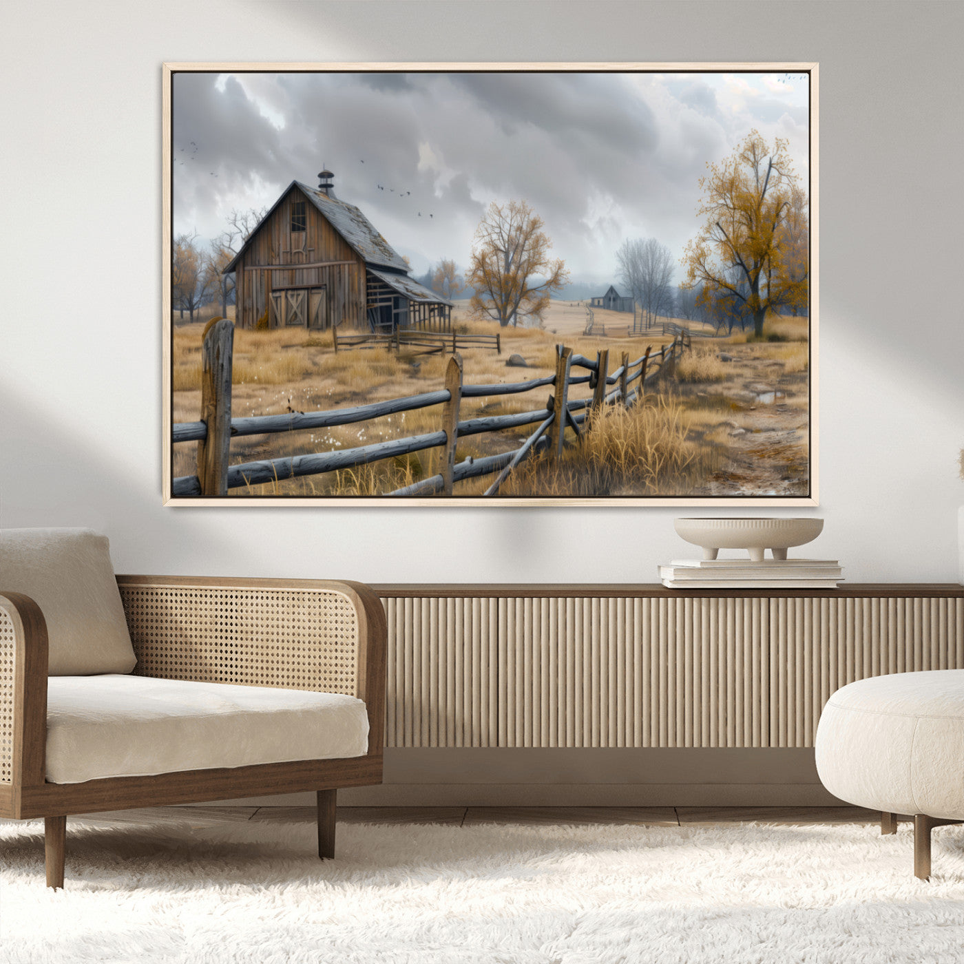 MGV-FC-36X24 - Rustic Autumn Farmhouse Wall Art Canvas Print – Serene Countryside Scene with Weathered Barn and