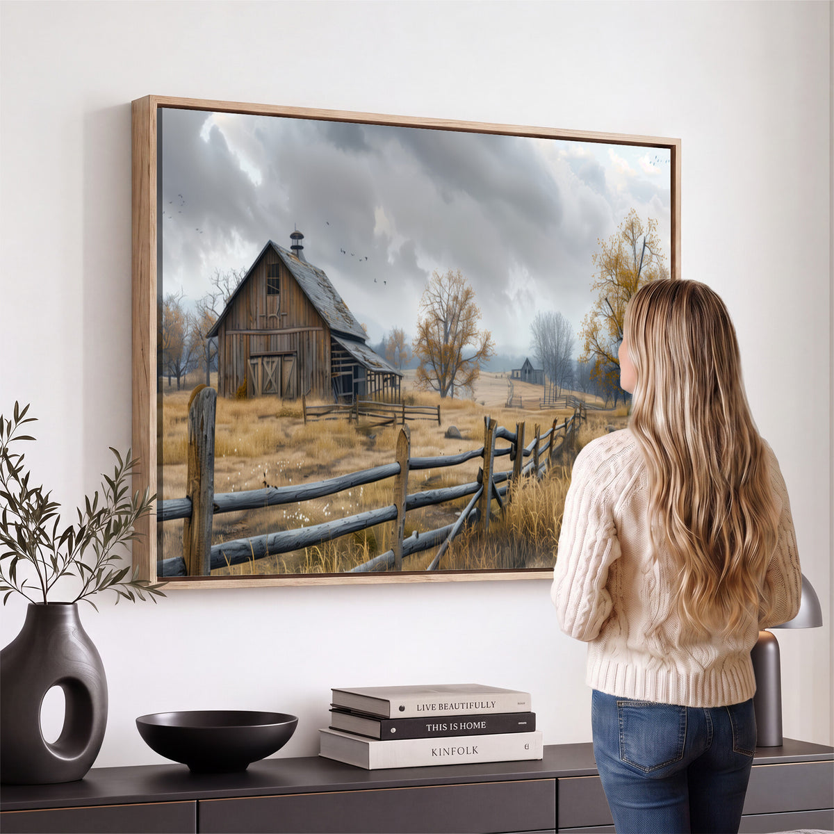 Farm1-MGV-CV-36X24 - Rustic Autumn Farmhouse Wall Art Canvas Print | Serene Countryside with Weathered Barn