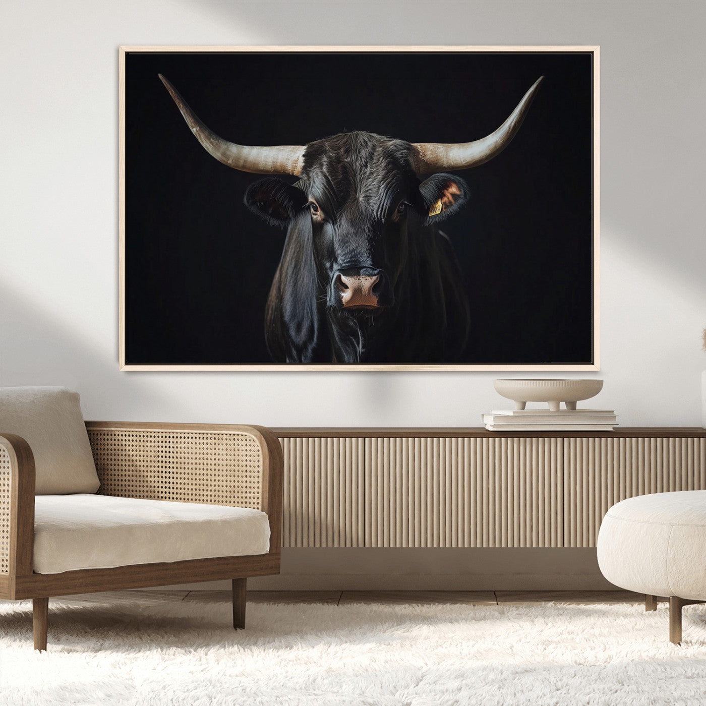 48065167-MGV-CV-36X24-Majestic Longhorn Bull Wall Art Canvas Print – Dark Background Western Ranch Portrait Artwork for Home, Office