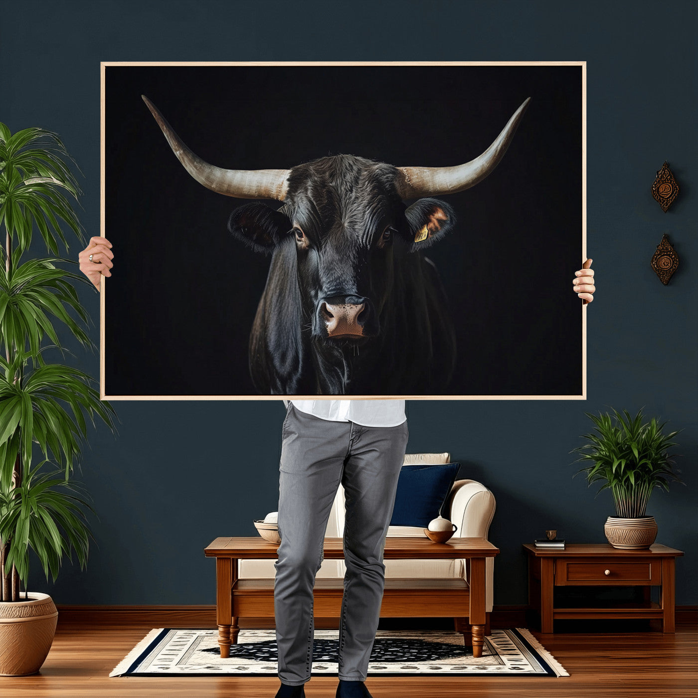 48065167-MGV-CV-36X24 - Texas Longhorn Bull Wall Art Canvas Print – Western Black Bull Art Print for Farmhouse Ranch Decor