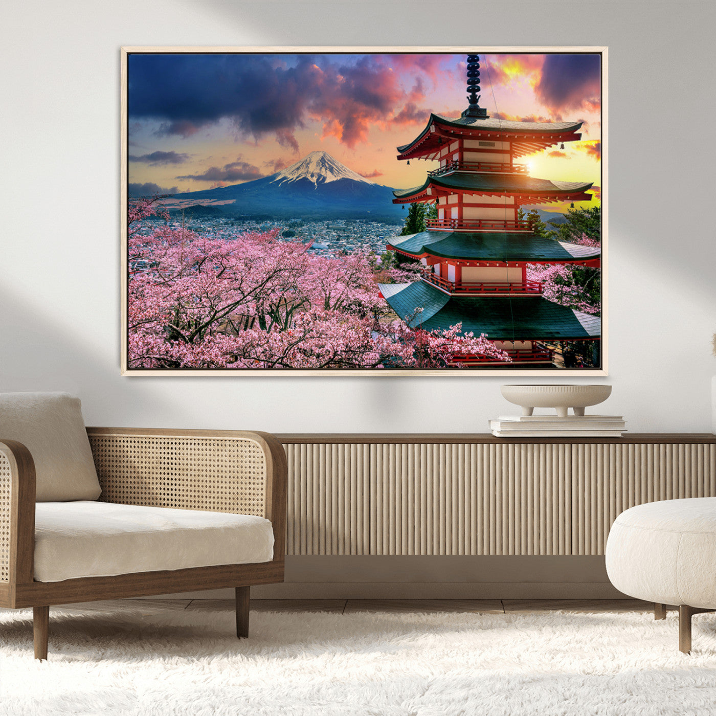 MGV-FC-36X24 - Mount Fuji & Cherry Blossom Wall Art Canvas Print – Iconic Japanese Landscape, Sakura Pagoda Sunset,