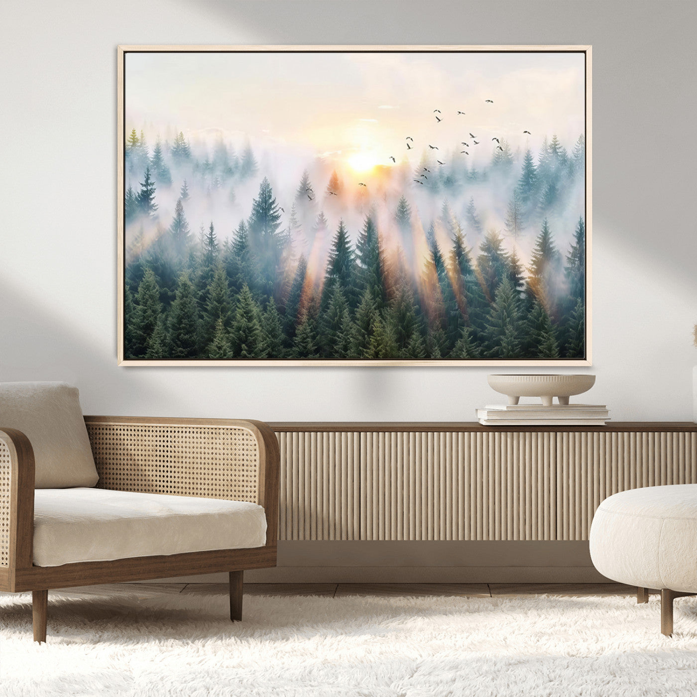 MGV-FC-36X24 - Misty Pine Forest Wall Art Canvas, Sunrise Over Foggy Trees Canvas for Home - Office, Framed