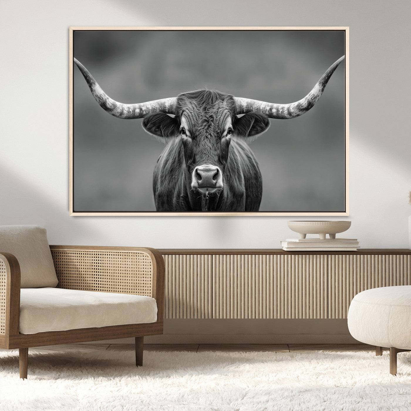 MGV-FC-36X24 - Framed Texas Longhorn Bull Art Canvas Print, Western Bull Wall Art Print, Long Horn Bull Photo Print