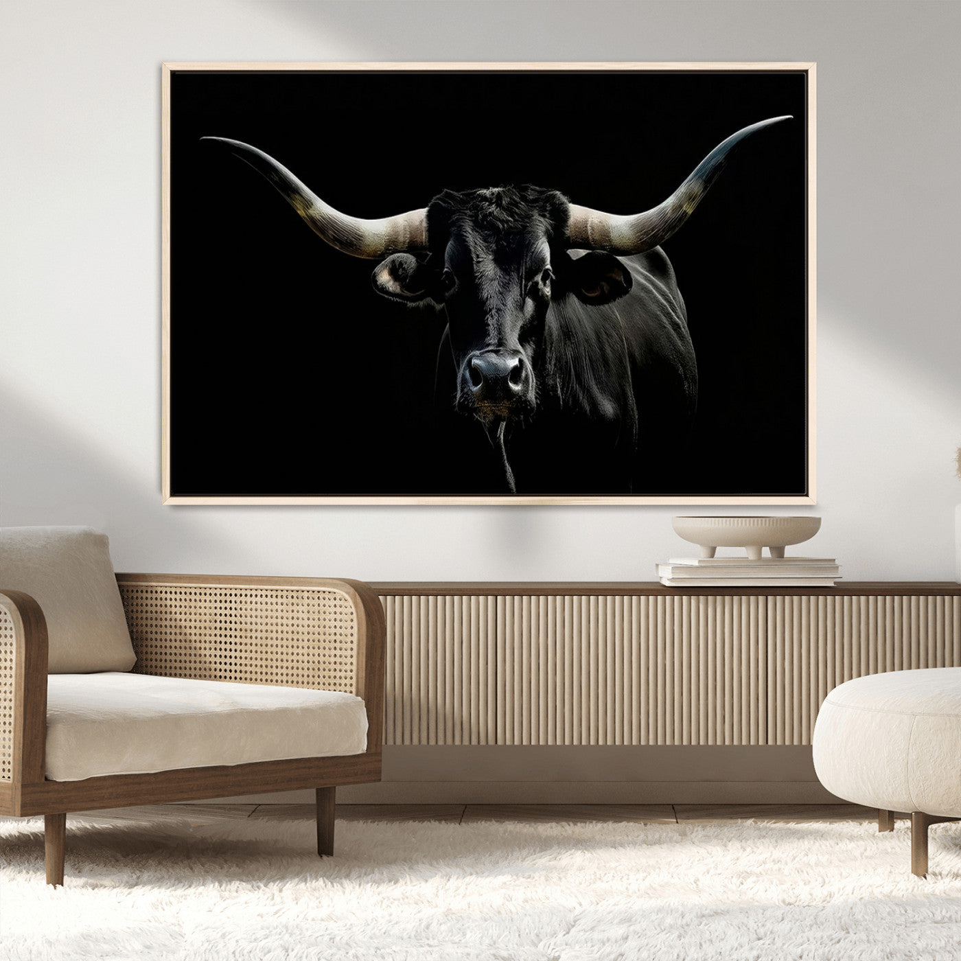 MGV-FC-36X24 - Texas Black Bull Wall Art Print, Longhorn Bull Canvas Wall Art