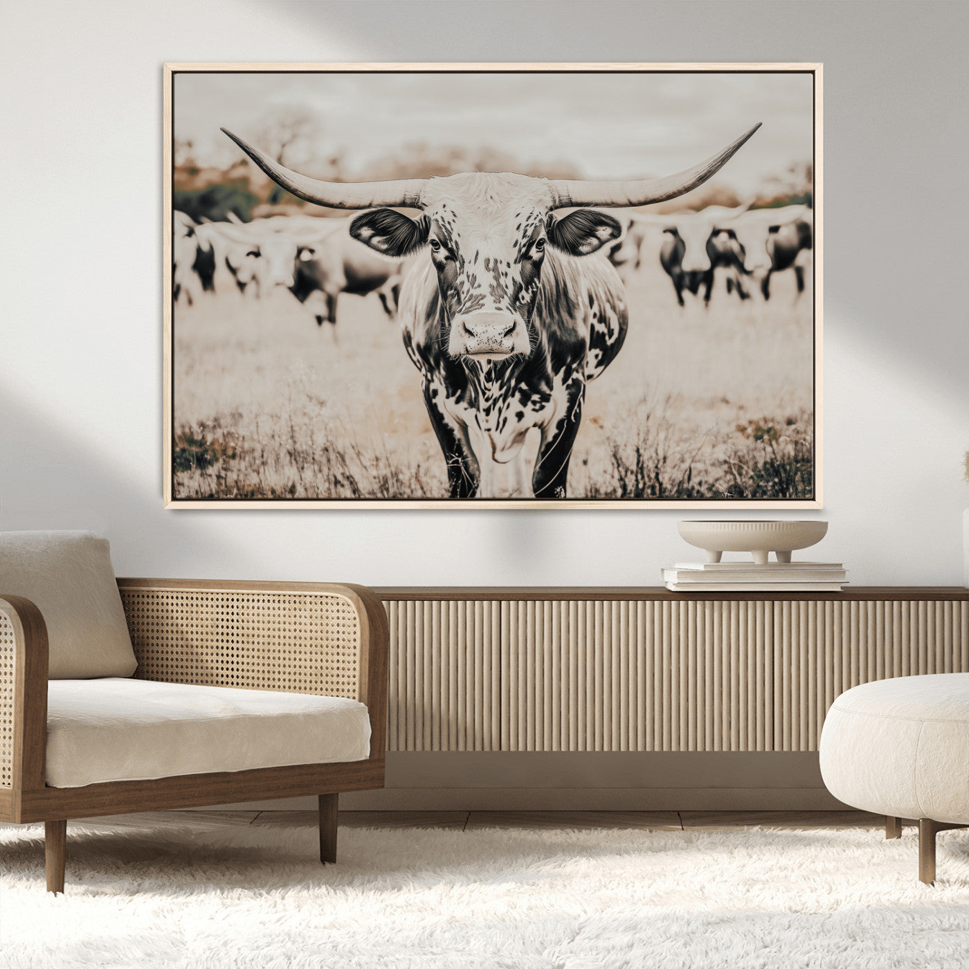 MGV-FC-36X24 - Texas Longhorn Wall Art Canvas Print, Framed Speckled Cow Art Picture Print, Horned Cattle Perfect Rustic Western Decor Artwork