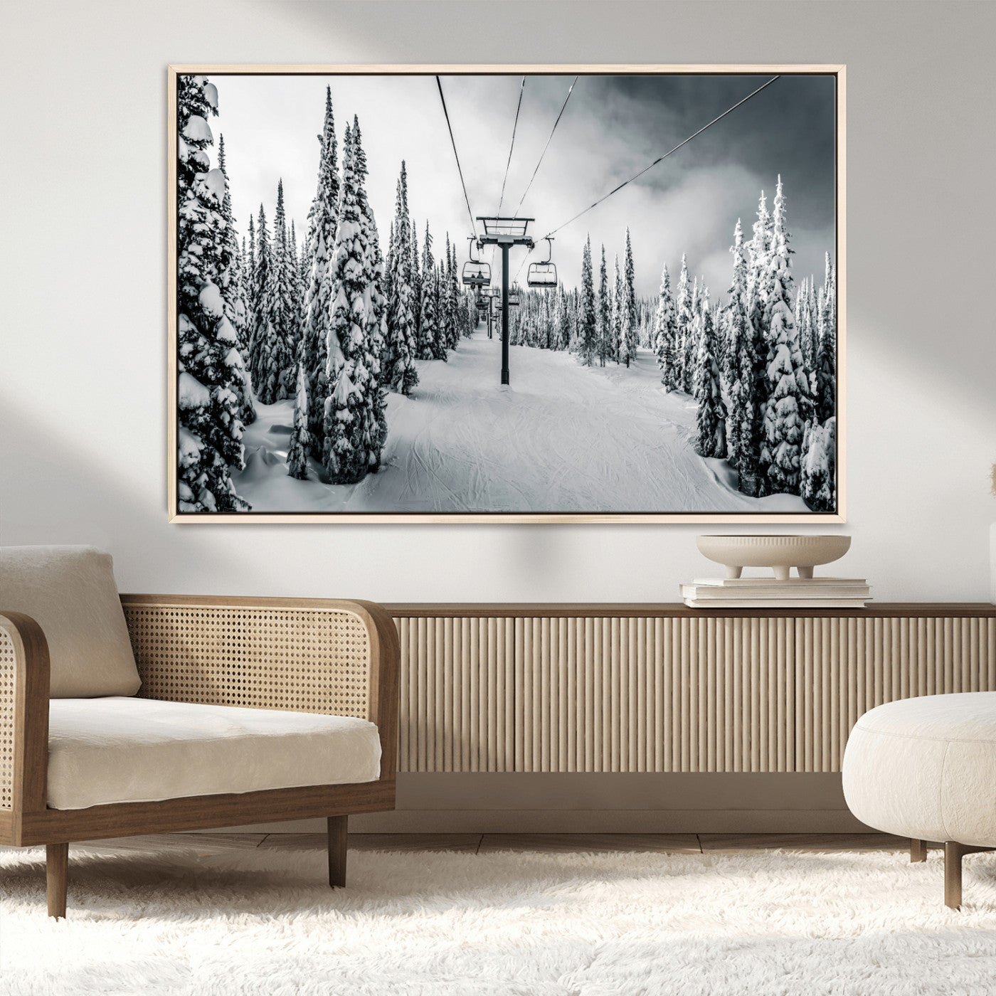 MGV-FC-36X24 - Snowy Pines Wall Art Canvas Print, Framed Ski Lift Art Picture Print, Winter Forest Perfect Moody Lodge Decor Artwork