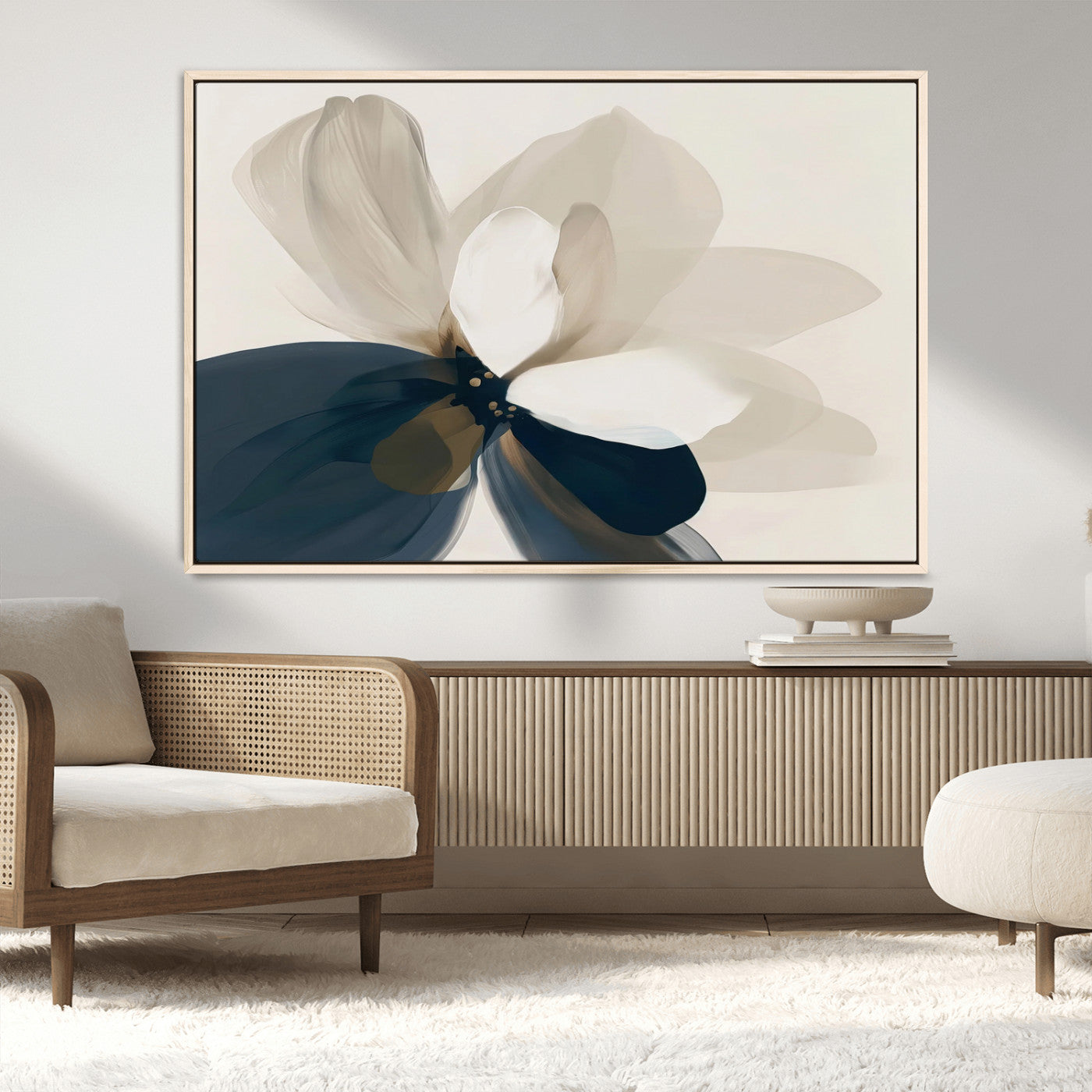 MGV-FC-36X24 - Minimal Flower Wall Art Canvas Print, Framed Flower Drawing Art Picture Print, Beige Bloom Perfect Modern Botanical Decor Artwork