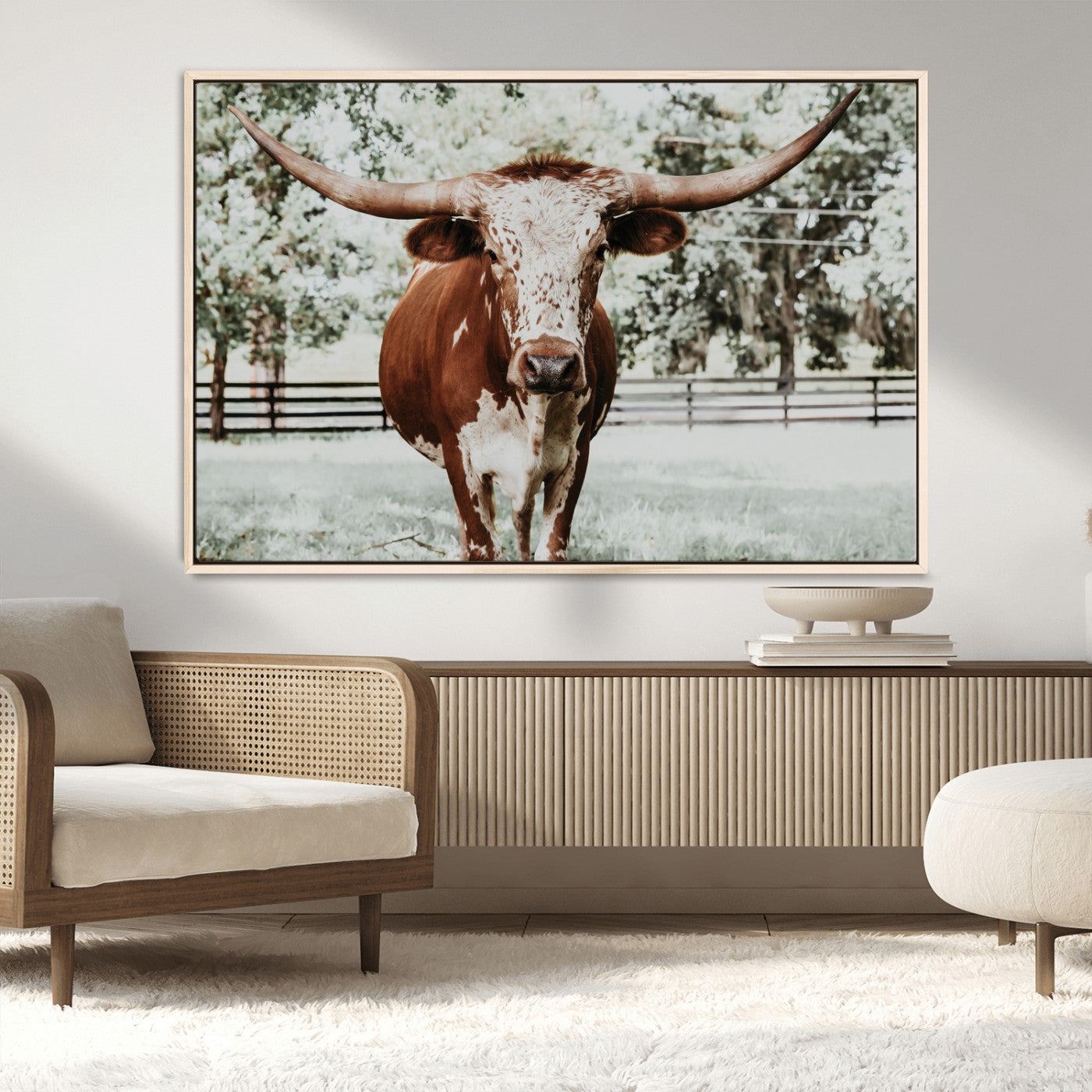 MGV-FC-36X24 - Texas Longhorn Wall Art Canvas Print, Framed Spotted Cow Art Picture Print, Horned Cattle Perfect Rustic Western Decor Artwork