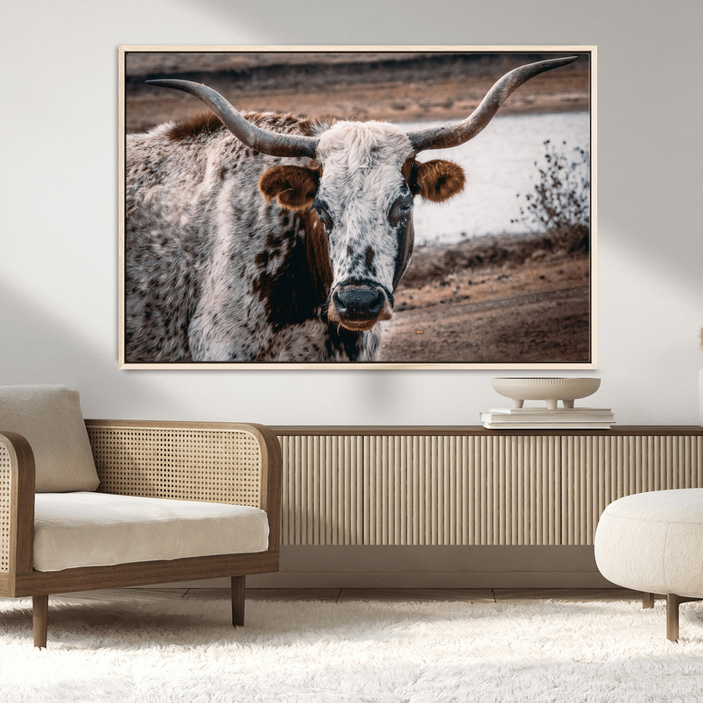 MGV-FC-36X24 - Texas Longhorn Wall Art Canvas Print, Framed Spotted Cow Art Picture Print, Horned Cattle Perfect Rustic Western Decor Artwork