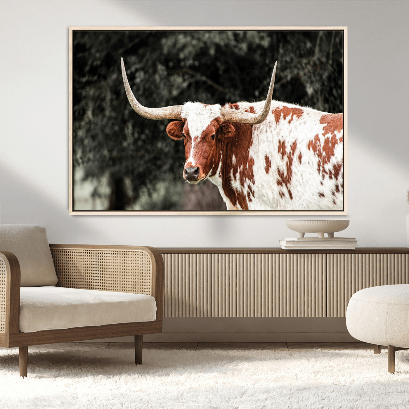 MGV-FC-36X24 - Texas Longhorn Wall Art Canvas Print, Framed Spotted Cow Art Picture Print, Horned Bull Perfect Rustic Western Decor Artwork