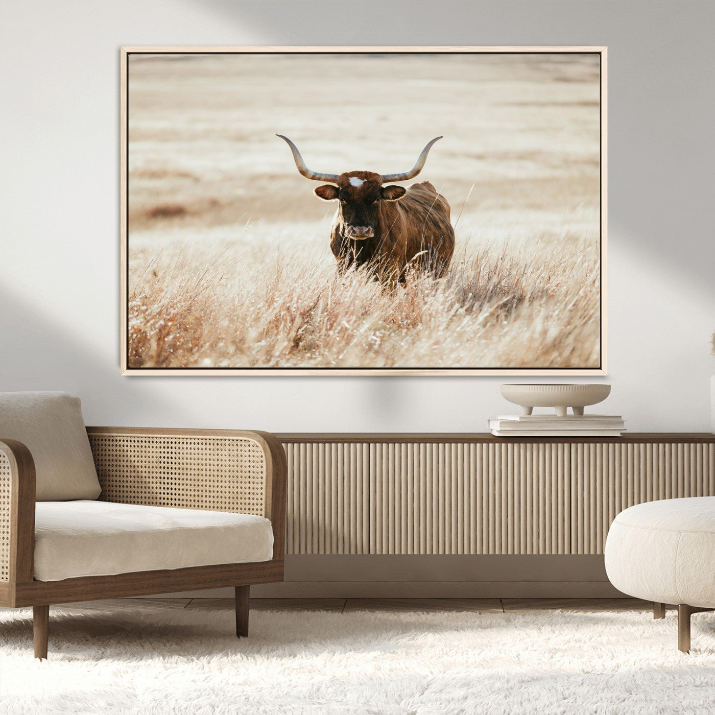 MGV-FC-36X24 - Texas Longhorn Wall Art Canvas Print, Framed Brown Cattle Art Picture Print, Horned Bull Perfect Rustic Western Decor Artwork