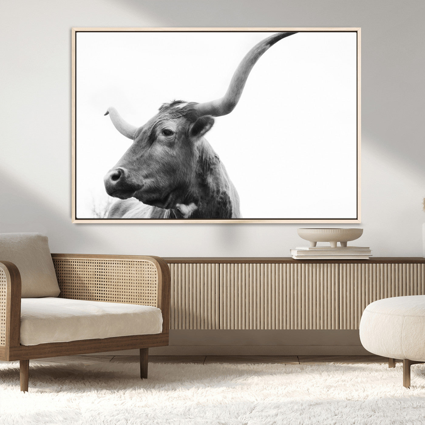 MGV-FC-36X24 - Longhorn Wall Art Wall Art Canvas Print, Framed Modern Ranch Style Art Art Picture Print, Monochrome Cow Print Perfect Rustic Western Decor Artwork