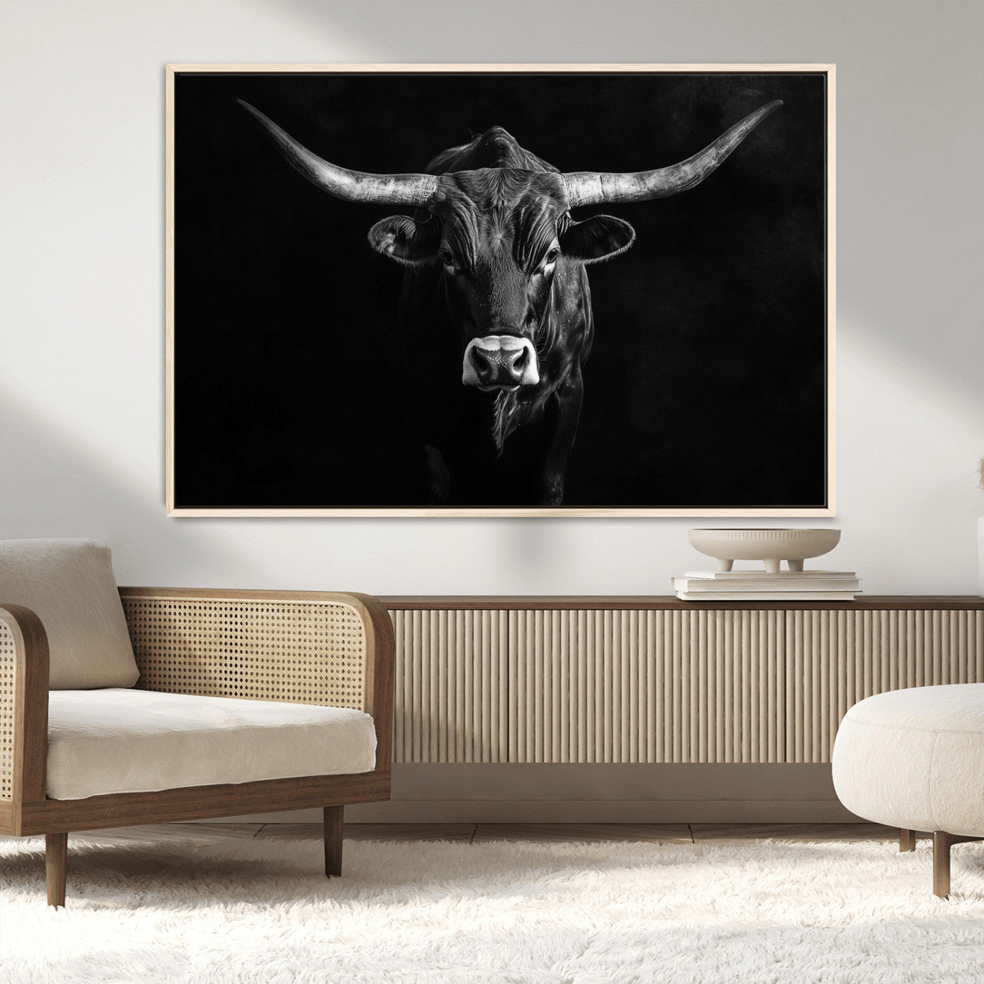 MGV-FC-36X24 - Texas Longhorn Wall Art Canvas Print, Framed Monochrome Bull Art Picture Print, Horned Bull Perfect Rustic Western Decor Artwork