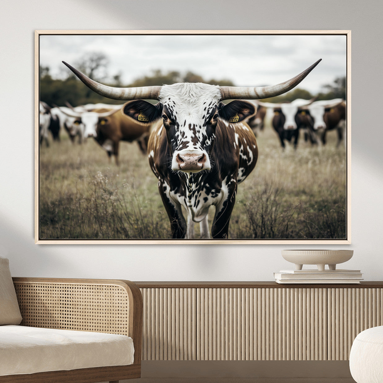 MGV-FC-36X24 - Majestic Longhorn Cow Wall Art – Canvas Print of Intricate Fur & Sharp Horns Earthy Tones Serene Landscape, Rustic Charm Decor for Living Room, Office or Bedroom