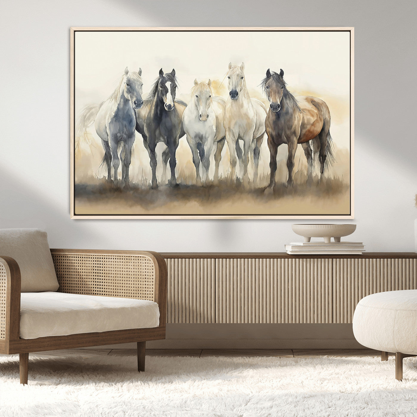 MGV-FC-36X24 - Wild Horses Wall Art Canvas Print, Framed Running Horses Art Picture Print, Watercolor Horses Perfect Rustic Western Decor Artwork