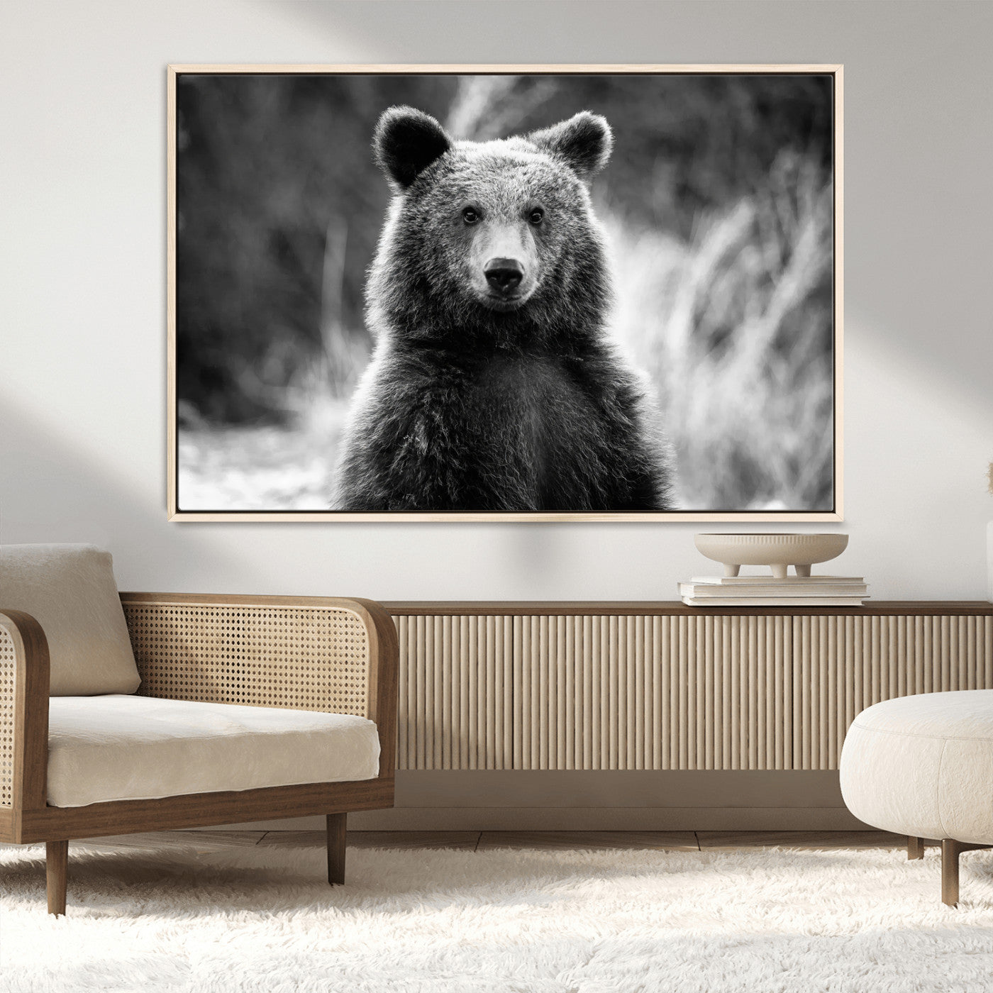 MGV-FC-36X24 - Grizzly Bear Wall Art Canvas Print, Framed Black White Bear Art Picture Print, Wild Bear Perfect Rustic Wildlife Decor Artwork
