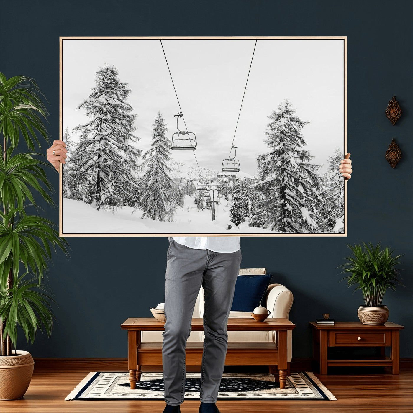 55003599-MGV-CV-36X24 - Snowy Ski Lift Wall Art – Framed Winter Forest Canvas Artwork, Peaceful Mountain Design, Modern Nature Decor for Home, Office