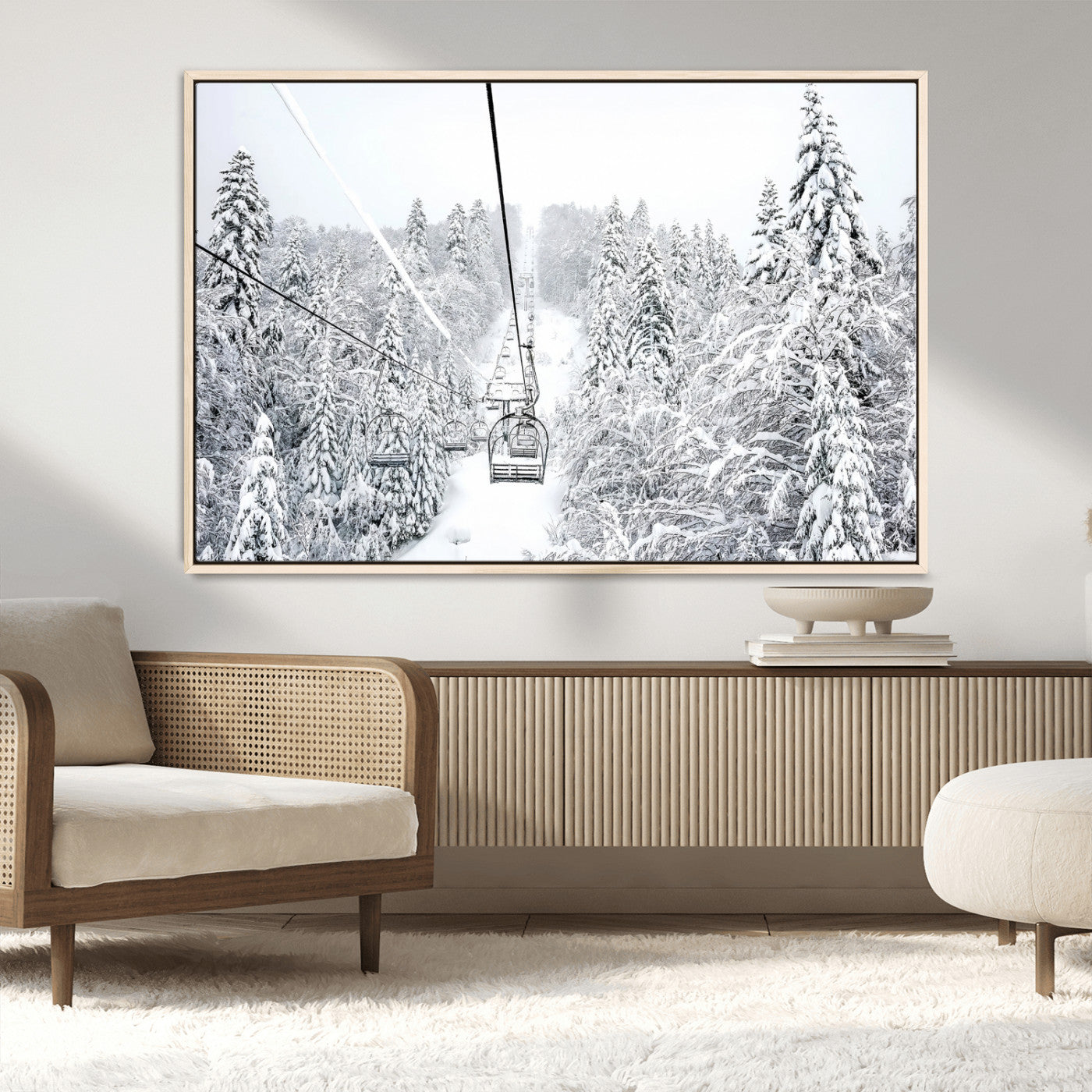 MGV-FC-36X24 - Snowy Mountains Wall Art Canvas Print, Framed Ski Lift Art Picture Print, Winter Forest Perfect
