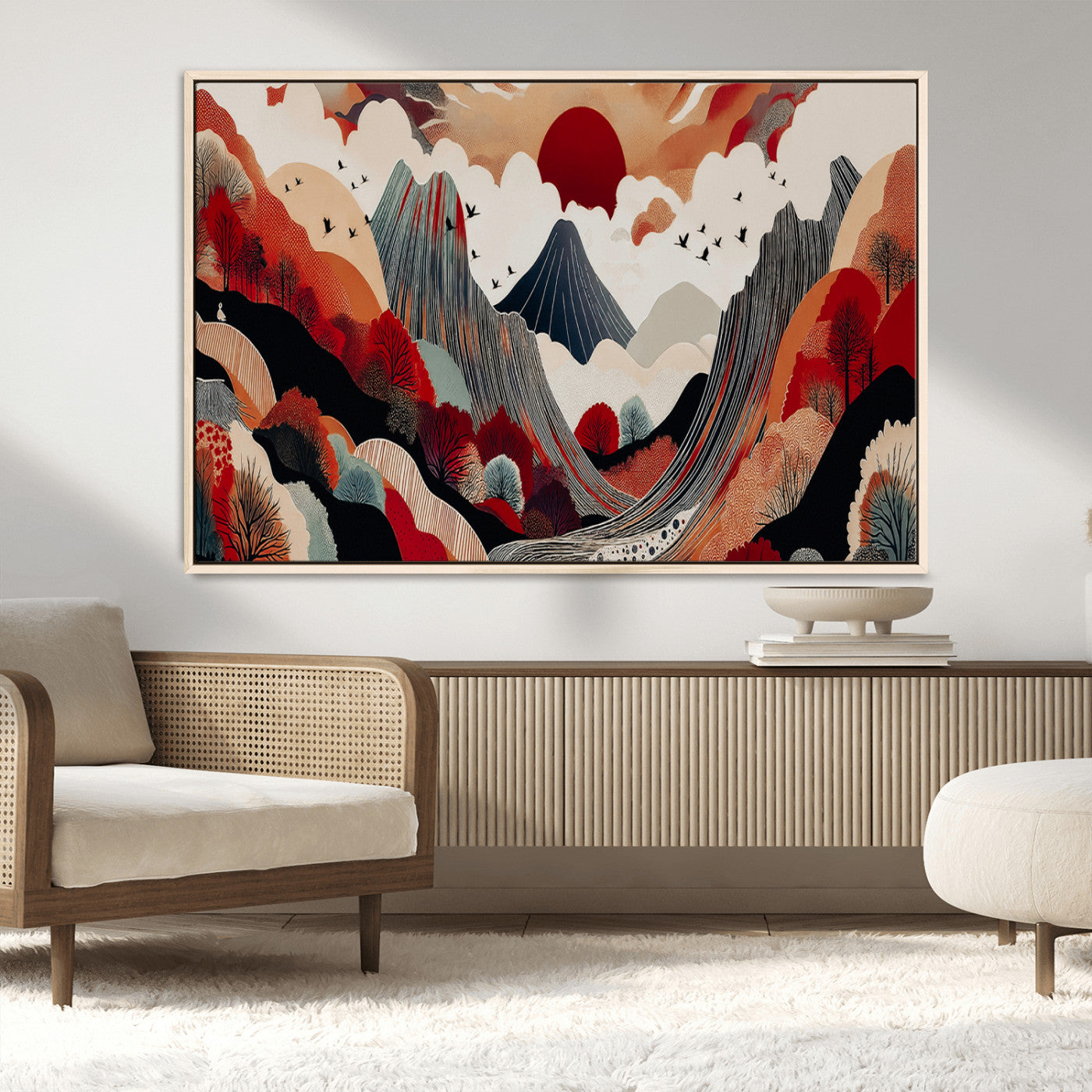MGV-FC-36X24 - Abstract Mountain Wall Art Canvas Print, Framed Vibrant Landscape Art Picture Print, Stylized Nature Drawing Perfect Contemporary Minimalist Decor Artwork