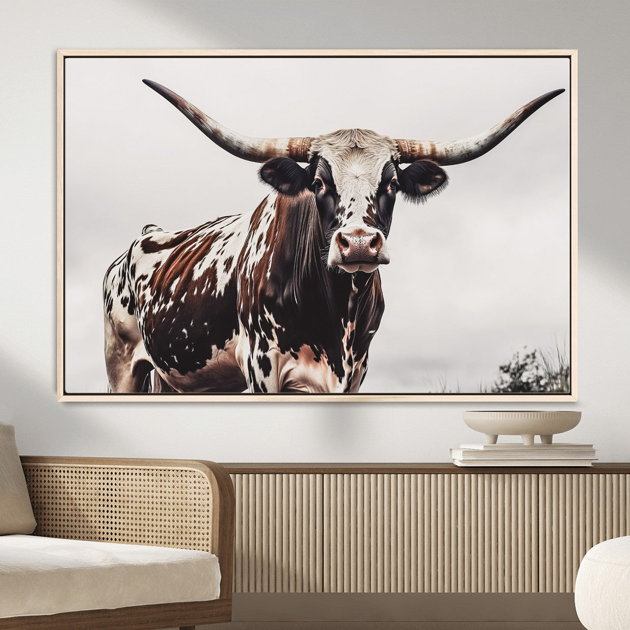 MGV-FC-36X24 - Texas Longhorn Wall Art Canvas Print, Framed Spotted Bull Art Picture Print, Horned Cattle Perfect Rustic Farmhouse Decor Artwork
