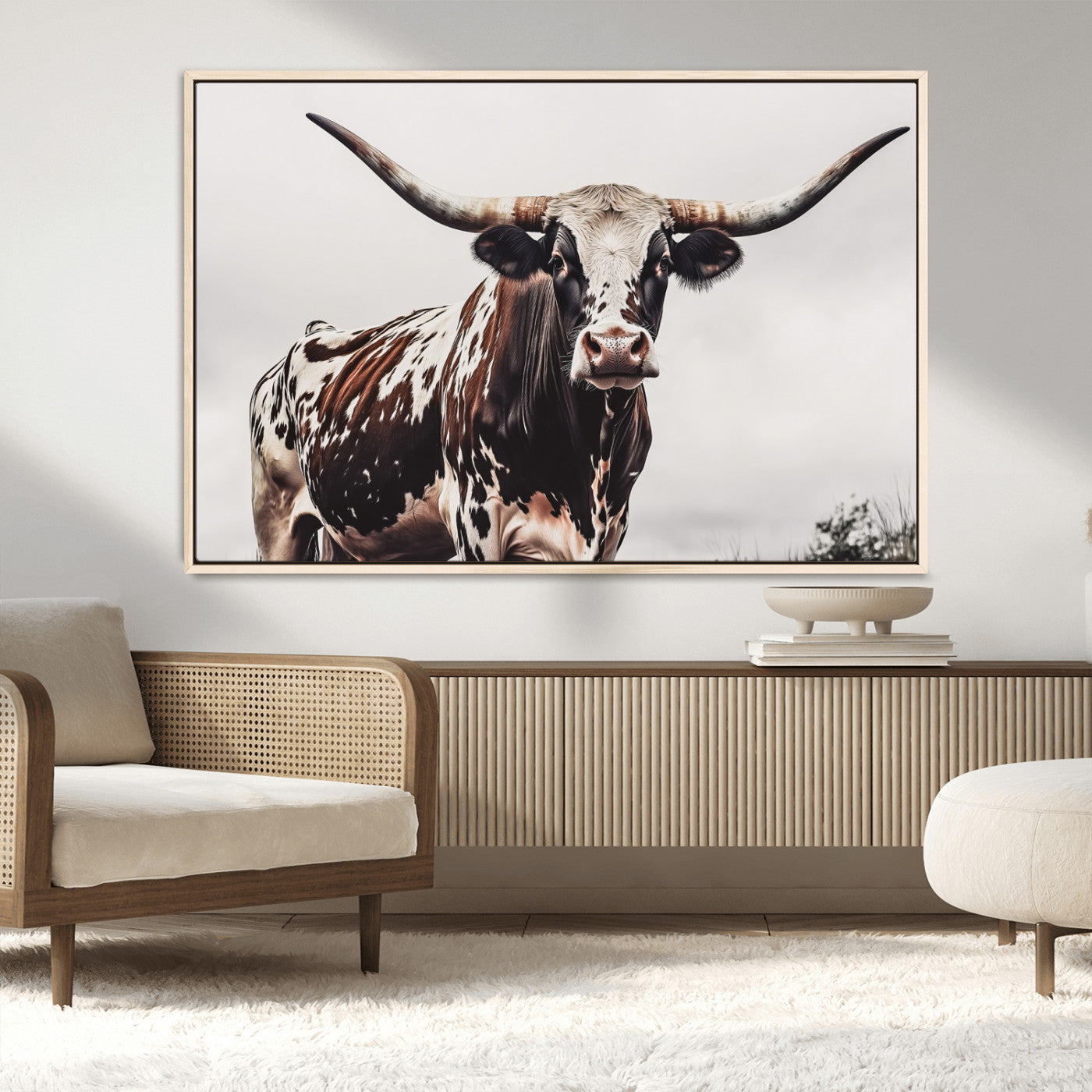 Close-up of a Texas Longhorn bull with powerful horns, perfect for rustic farmhouse or country-themed home decor. Ideal for animal lovers.