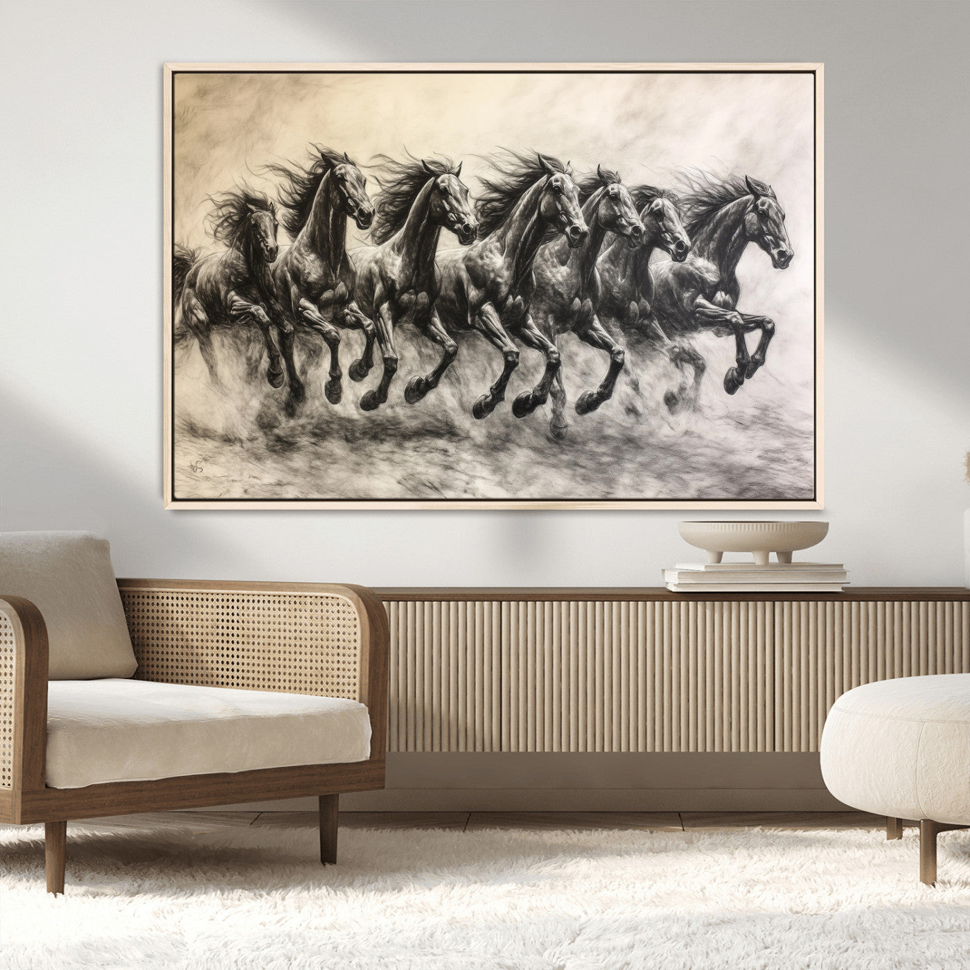 Monochrome drawing of a herd of galloping horses, perfect for dynamic and wild-themed decor in any equestrian or nature-inspired room.
