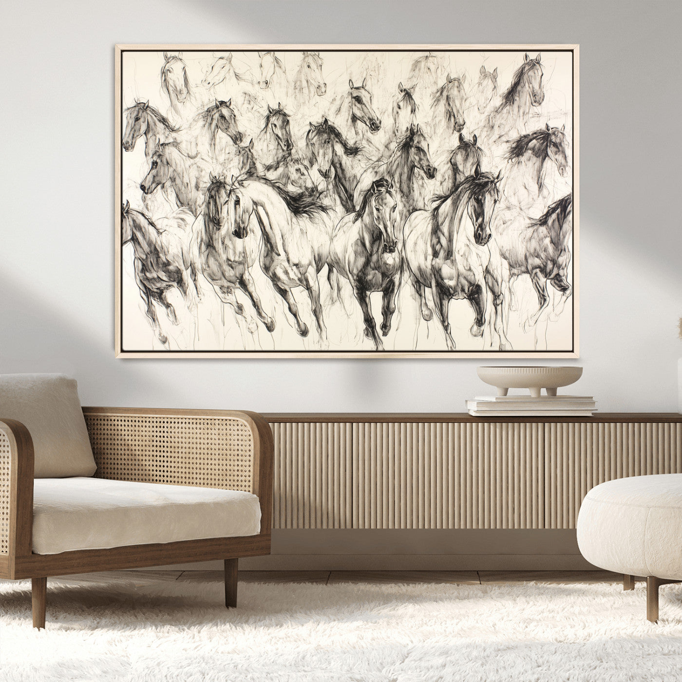 Monochrome ink sketch of galloping horses in dynamic motion, perfect for western or equine-themed wall decor with bold artistic energy.