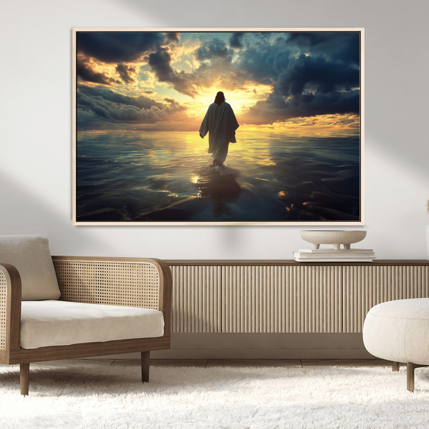 MGV-FC-36X24 - Jesus Walks Wall Art Canvas Print, Framed Divine Sunset Art Picture Print, Spiritual Light Perfect Spiritual Tranquil Decor Artwork