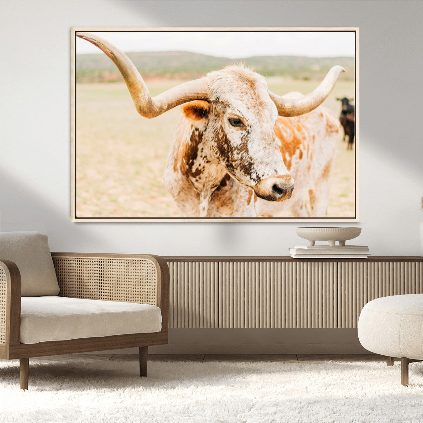MGV-FC-36X24 - Texas Longhorn Wall Art Canvas Print, Framed Speckled Cow Art Picture Print, Rustic Bull Perfect Rustic Western Decor Artwork