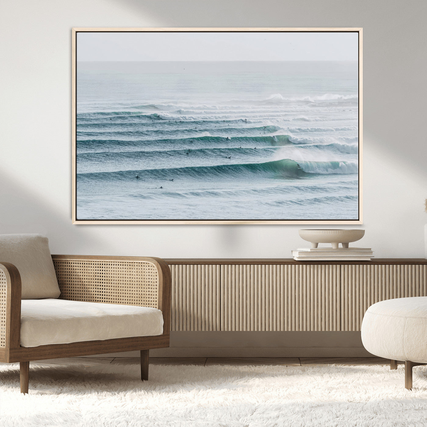 MGV-FC-36X24 - Ocean Waves Wall Art Canvas Print, Framed Surfer Lineup Art Picture Print, Crowded Ocean Perfect Minimal Coastal Decor Artwork
