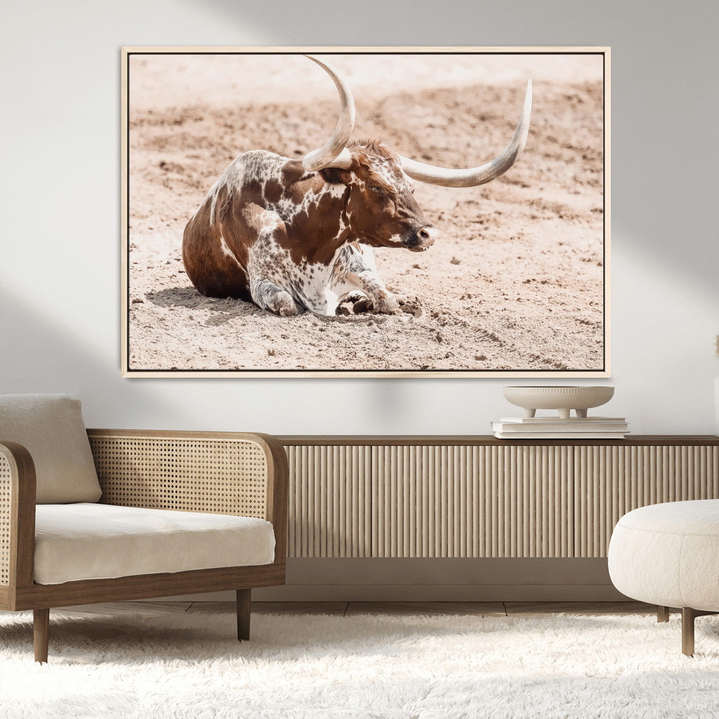 MGV-FC-36X24 - Texas Longhorn Wall Art Canvas Print, Framed Resting Bull Art Picture Print, Spotted Cattle Perfect Rustic Western Decor Artwork
