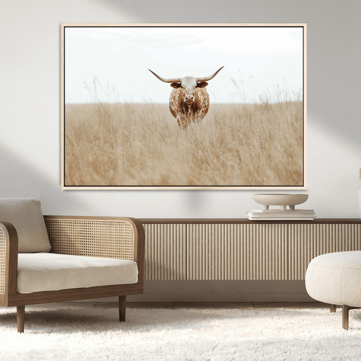 MGV-FC-36X24 - Texas Longhorn Wall Art Canvas Print, Framed Lone Cattle Art Picture Print, Longhorn Bull Perfect Rustic Western Decor Artwork