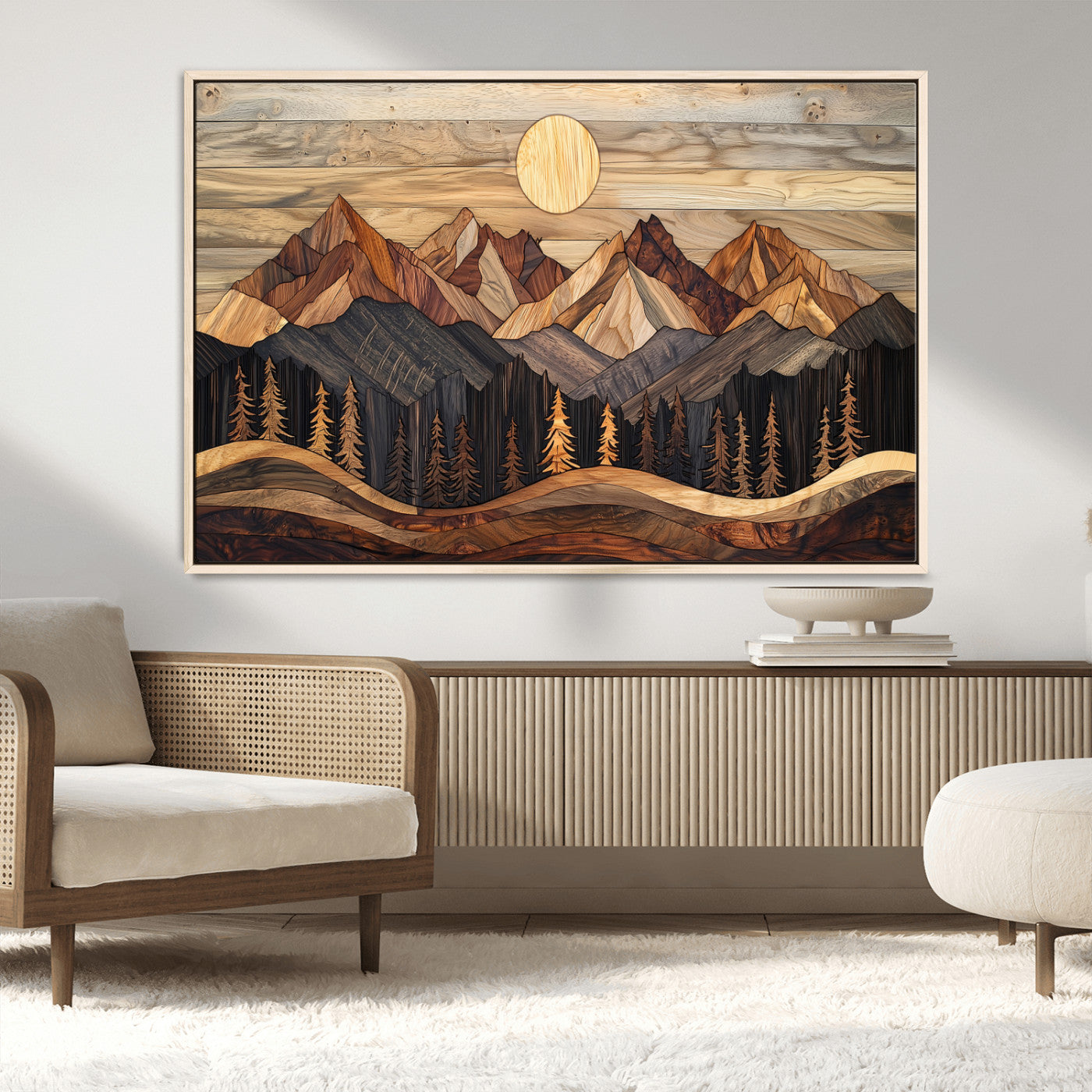 MGV-FC-36X24 - Wood Mountain Wall Art Canvas Print, Framed Boho Wood Art Picture Print, Abstract Woodland Perfect Farmhouse Decor Artwork