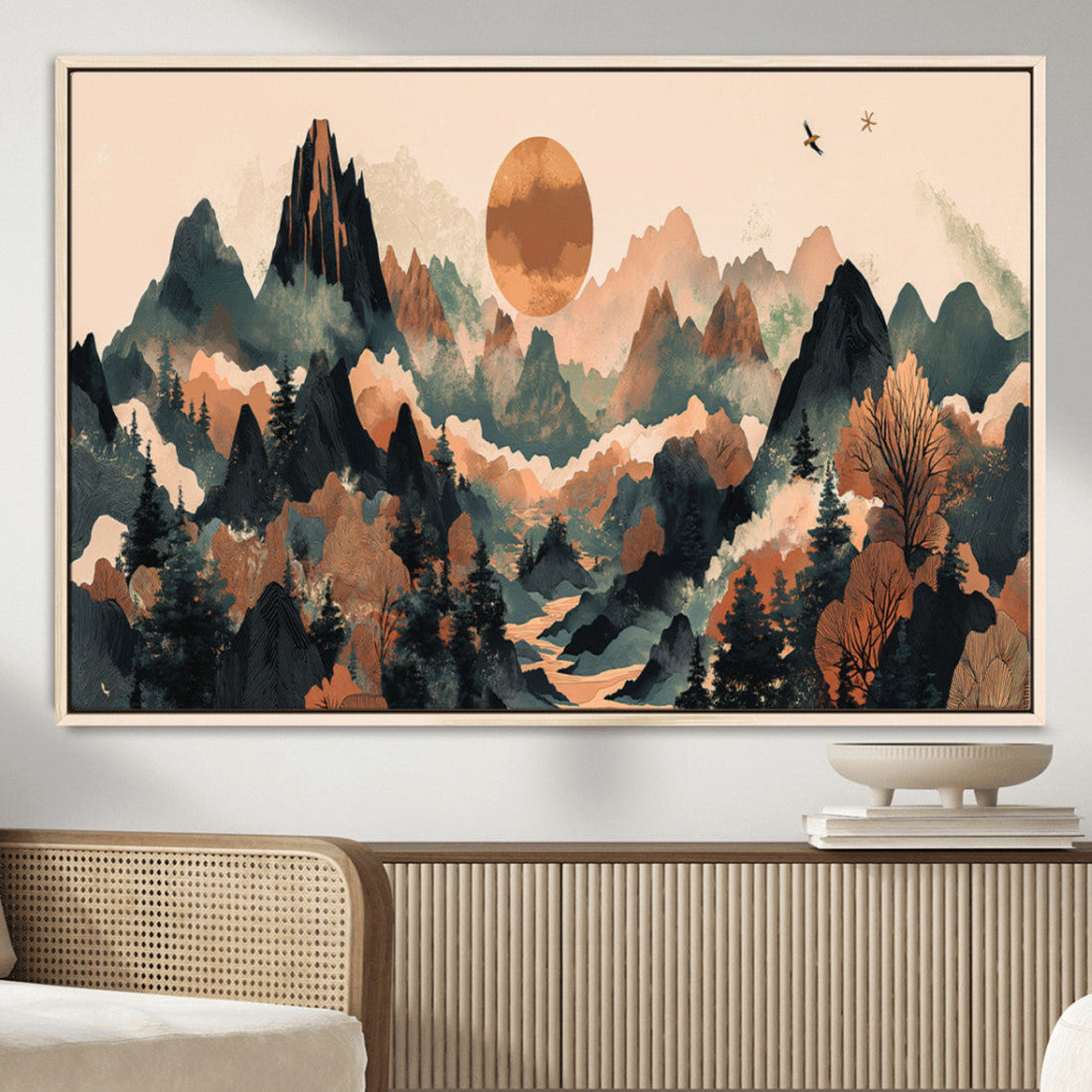 Wood Mountain Landscape Wall Art Canvas Print, Framed Sunset Hills, Abstract Serene Valley Boho Art