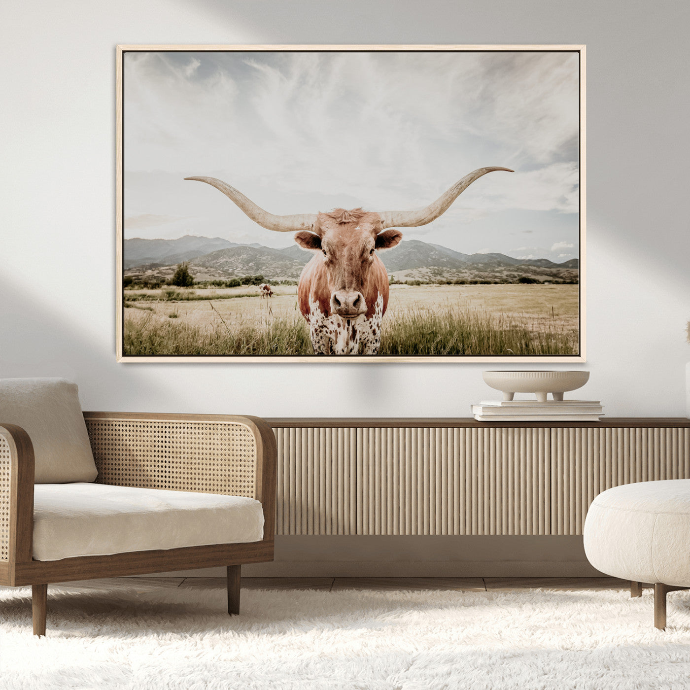 MGV-FC-36X24 - Texas Longhorn Wall Art Canvas Print, Framed Western Cow Art Picture Print, Rustic Farmhouse Perfect Farmhouse Decor Artwork