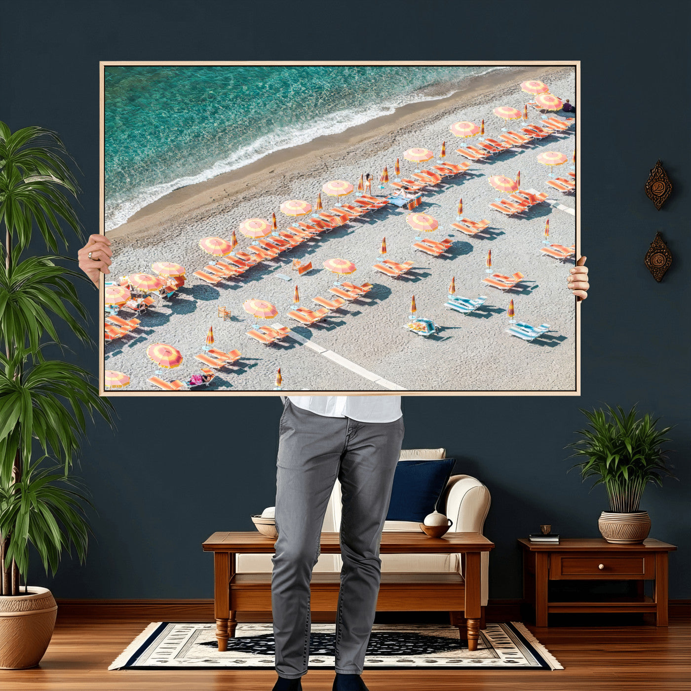 27805351-MGV-CV-36X24 - Beach Umbrellas Wall Art – Orange Loungers & Turquoise Water Canvas Print, Sandy Shore and Summer Vibes