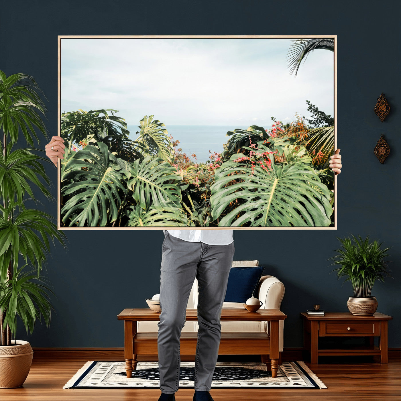 45700479-MGV-CV-36X24 - Tropical Greenery Wall Art – Exotic Leaves & Ocean View Canvas Print, Sunlit Paradise and Vibrant Nature for Living Room or Coastal Decor