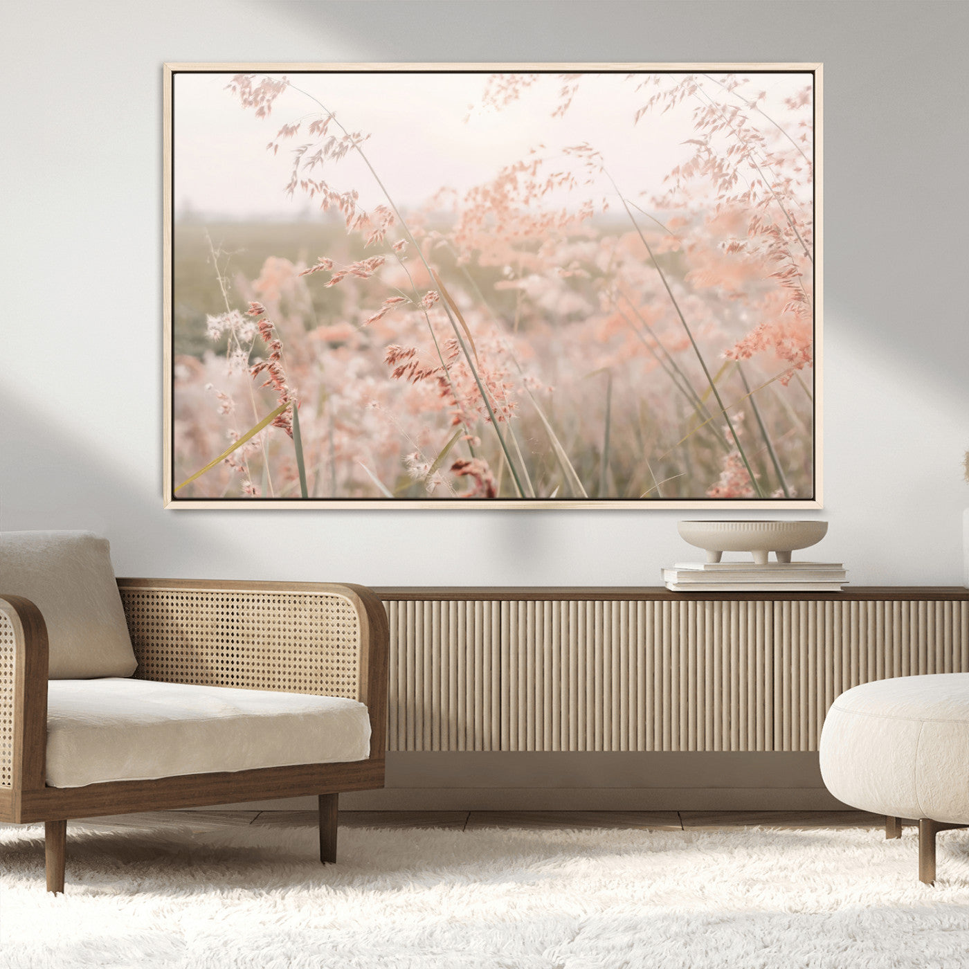 MGV-FC-36X24 - Pastel Grasses Wall Art Canvas Print, Framed Soft Meadow Art Picture Print, Field in Breeze Perfect Soft Pastel Minimal Decor Artwork