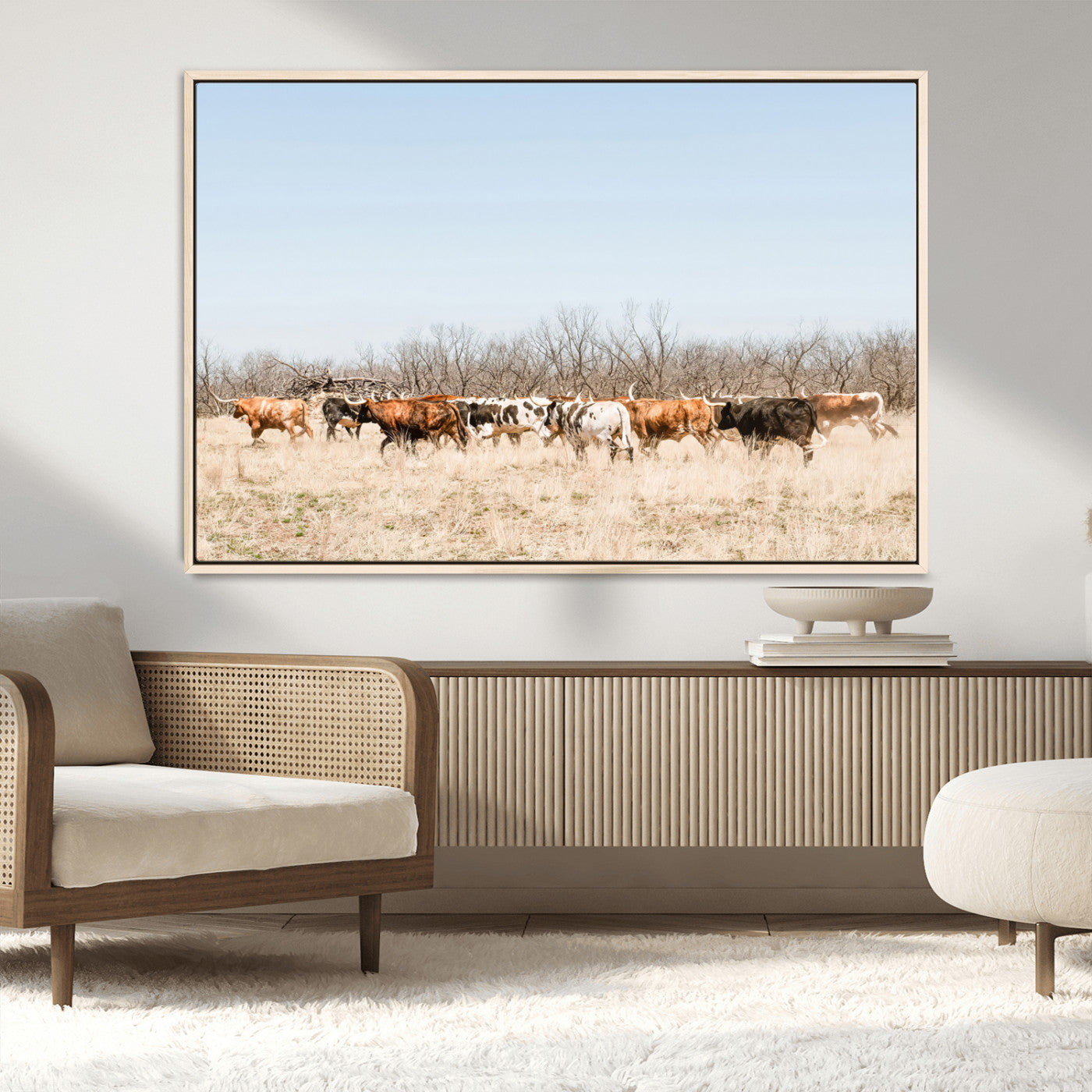 MGV-FC-36X24 - Texas Longhorns Wall Art Canvas Print, Framed Western Cattles Art Picture Print, Rustic Herd Perfect Rustic Farmhouse Decor Artwork