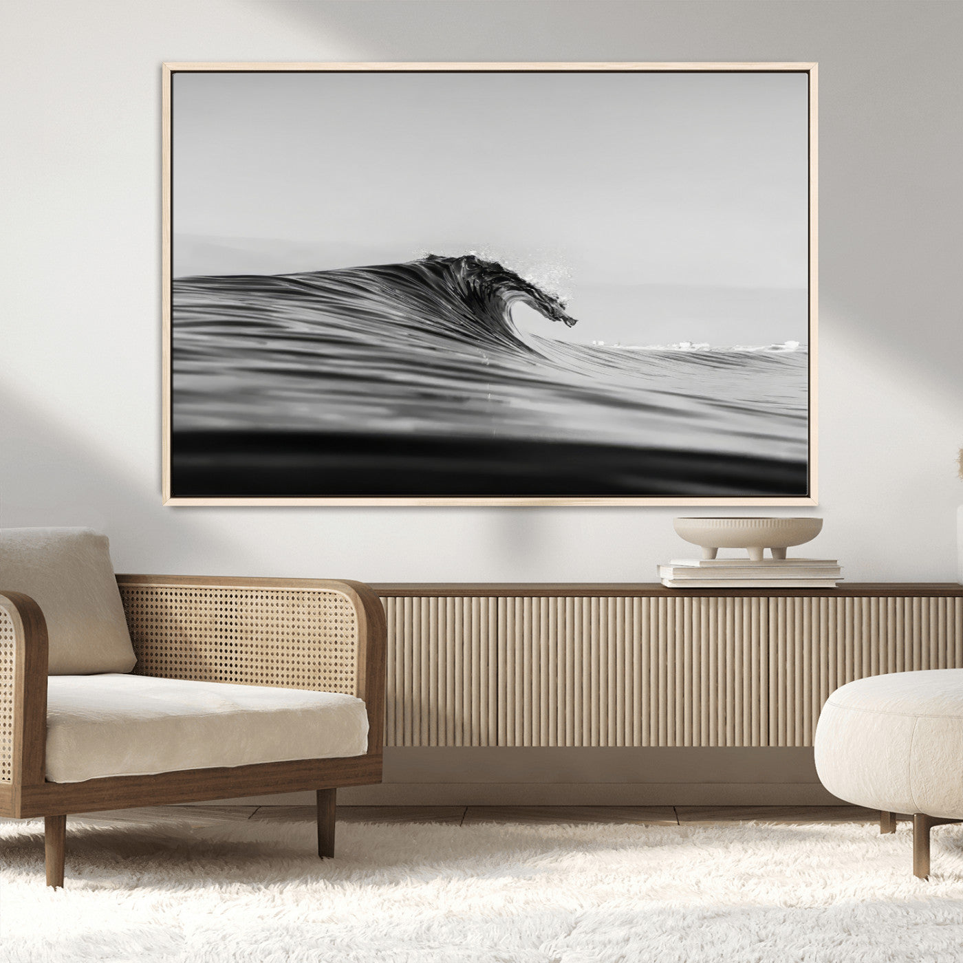 MGV-FC-36X24 - Black Wave Wall Art Canvas Print, Framed Abstract Surf Art Picture Print, Minimalist Ocean Perfect Minimalist Coastal Decor Artwork