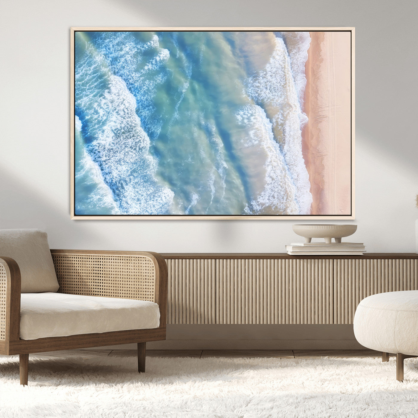 MGV-FC-36X24 - Aerial Ocean View Wall Art Canvas Print, Framed Soft Blue Waves Art Picture Print, Sandy Shoreline Perfect Modern Coastal Decor Artwork