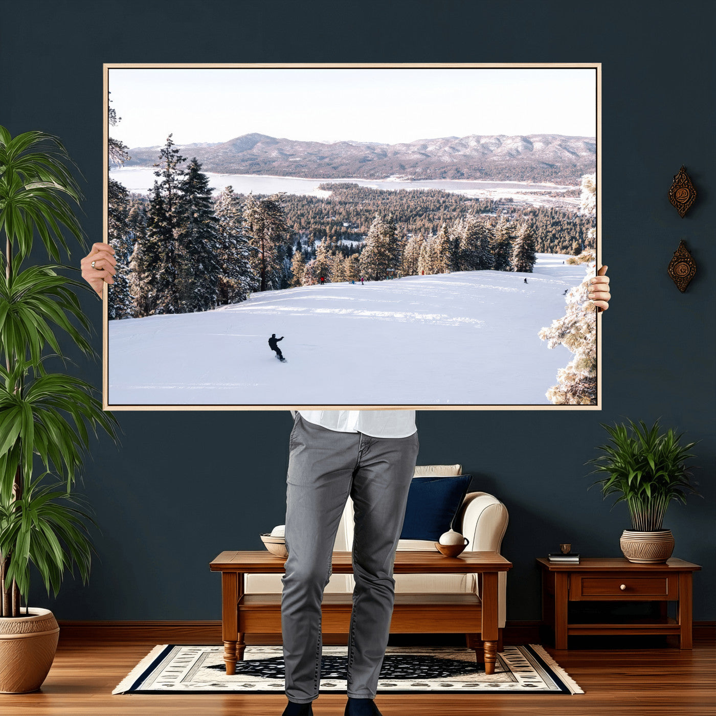 79857868-MGV-CV-36X24 - Snowboarder Wall Art – Winter Slope Canvas Print, Pine Forest, Snow-Covered Mountains, Outdoor Adventure for Living Room or Cabin Decor