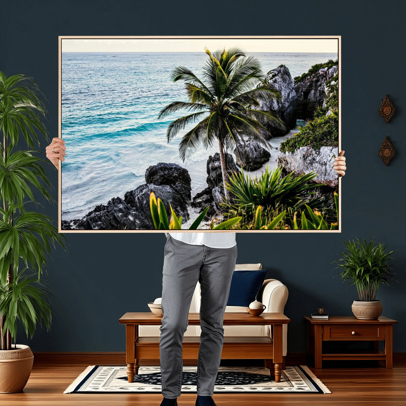 94669907-MGV-CV-36X24 - Tropical Palm Wall Art – Coastal Rocks Canvas Print, Ocean Breeze, Sandy Shore, Vibrant Green Foliage for Living Room or Beach House Decor