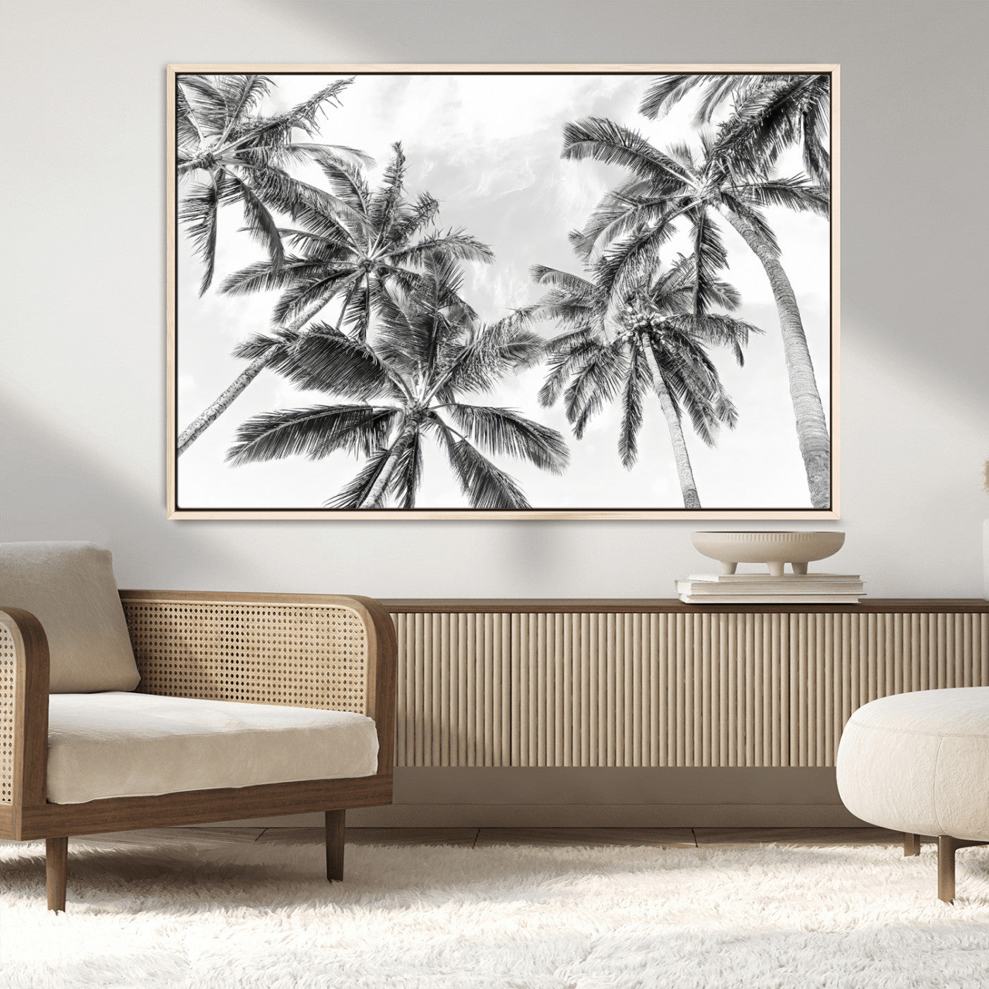 MGV-FC-36X24 - Black White Palm Wall Art Canvas Print, Framed Monochrome Tropics Art Picture Print, Minimalist Beach Perfect Coastal Minimalist Decor Artwork
