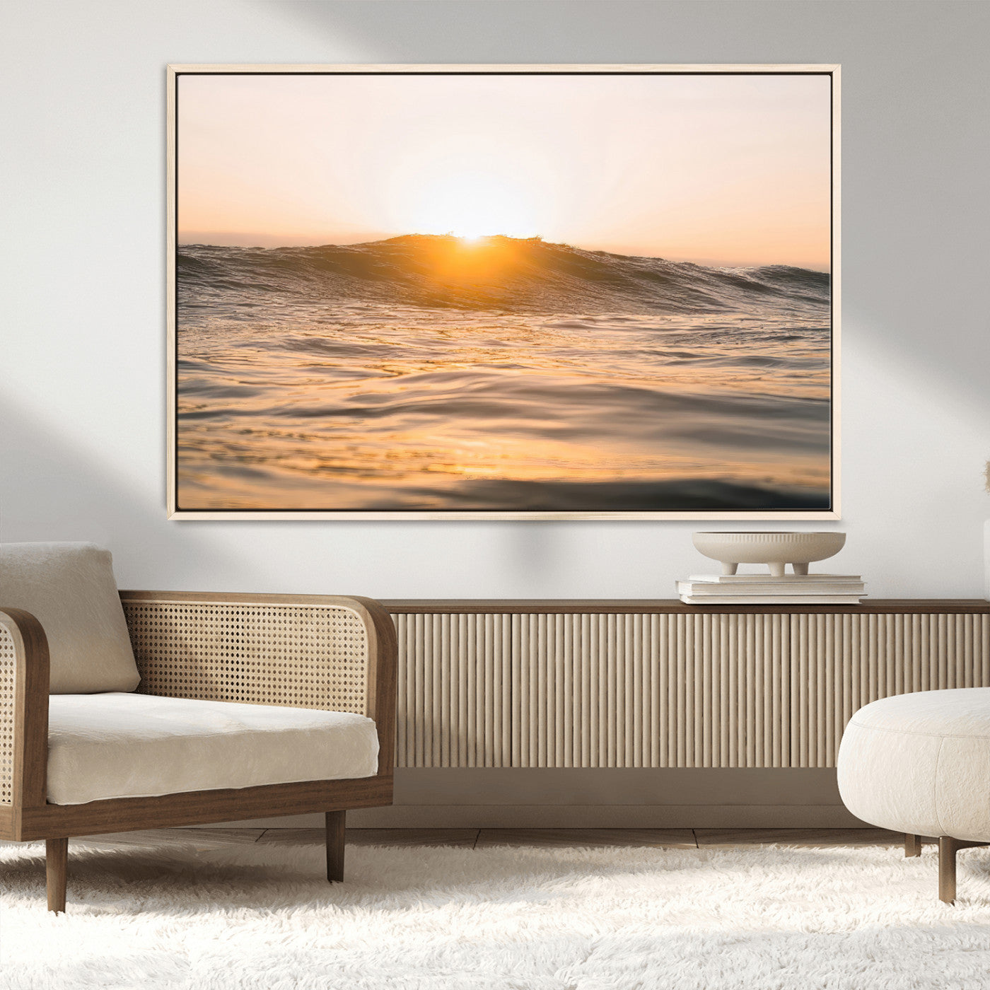 MGV-FC-36X24 - Calm Water Wall Art Canvas Print, Framed Sunset Waves Art Picture Print, Coastal Warmth Perfect Warm Minimalist Decor Artwork