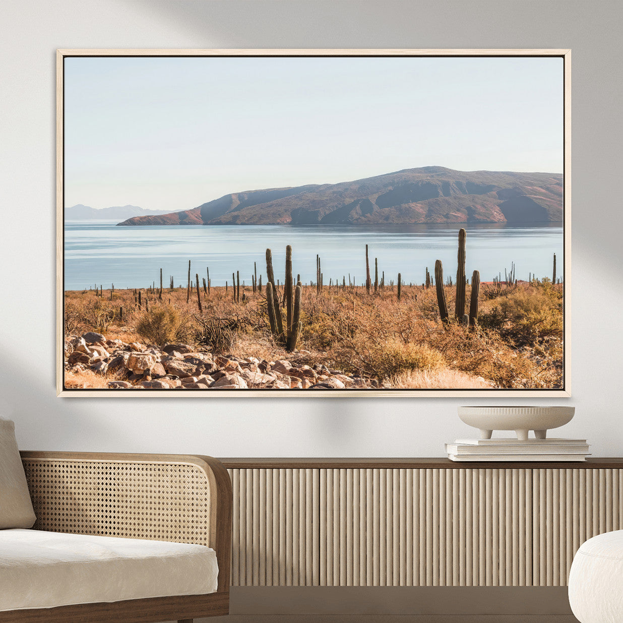 MGV-FC-36X24 - Desert Cactus Wall Art Canvas Print, Framed Baja Coastline Art Picture Print, Coastal Desert Perfect Southwestern Minimalist Decor Artwork