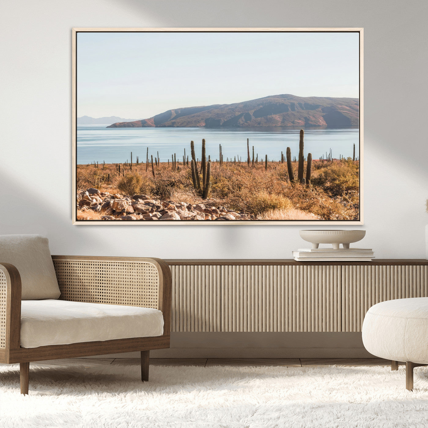MGV-FC-36X24 - Desert Cactus Wall Art Canvas Print, Framed Baja Coastline Art Picture Print, Coastal Desert Perfect Southwestern Minimalist Decor Artwork